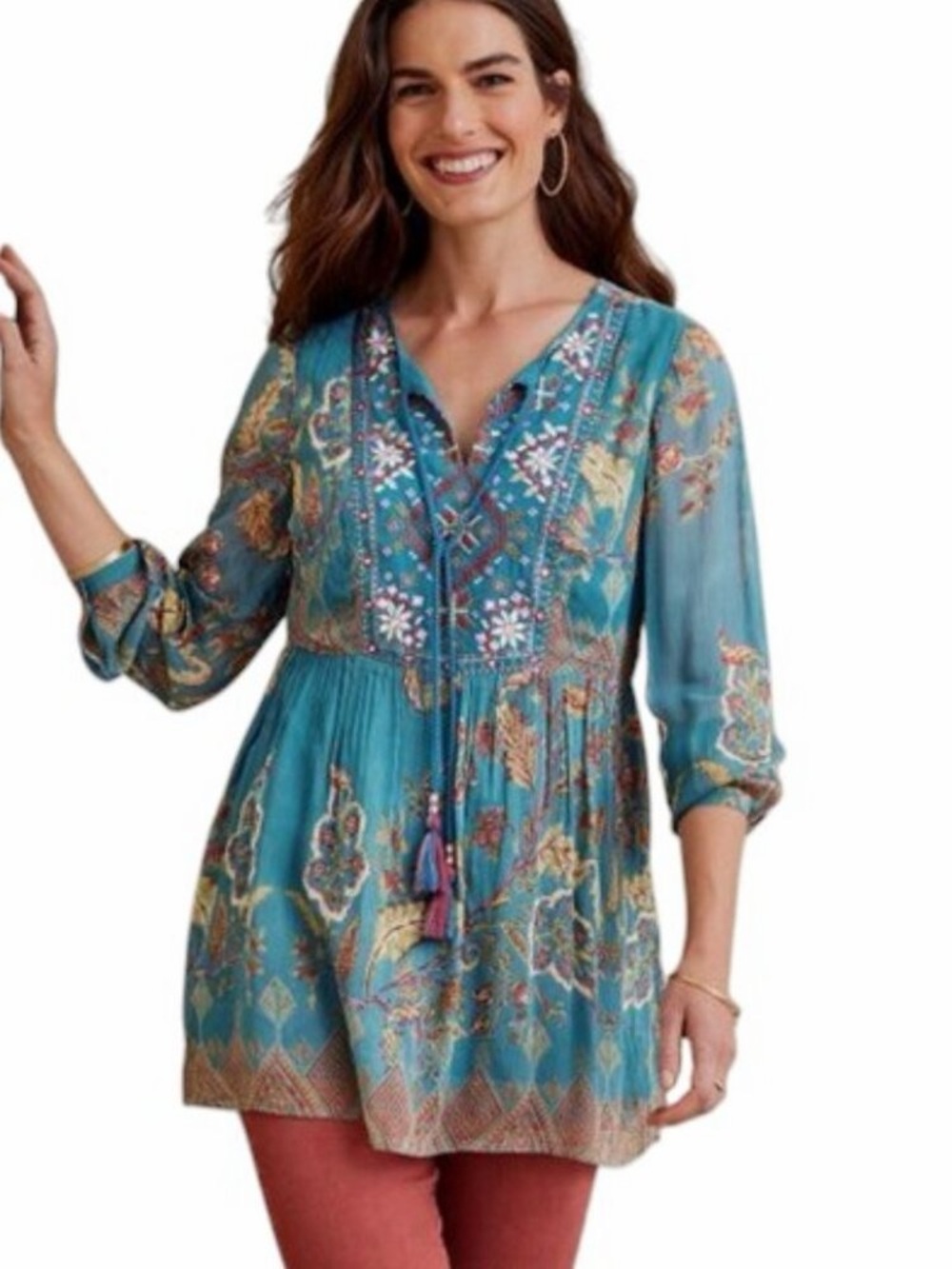 Soft Surroundings NWOT Embroidered Boho Tunic Teal Floral Tassel Rayon L
